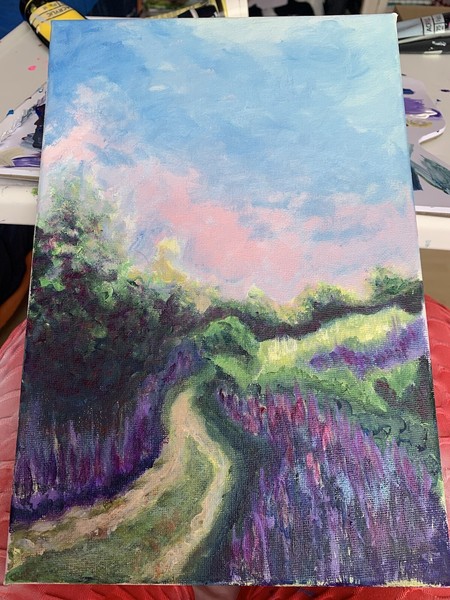 Lavender Fields Painting 20x25 cm Beautiful Sky Blue  Waves Sea Flowers Floral