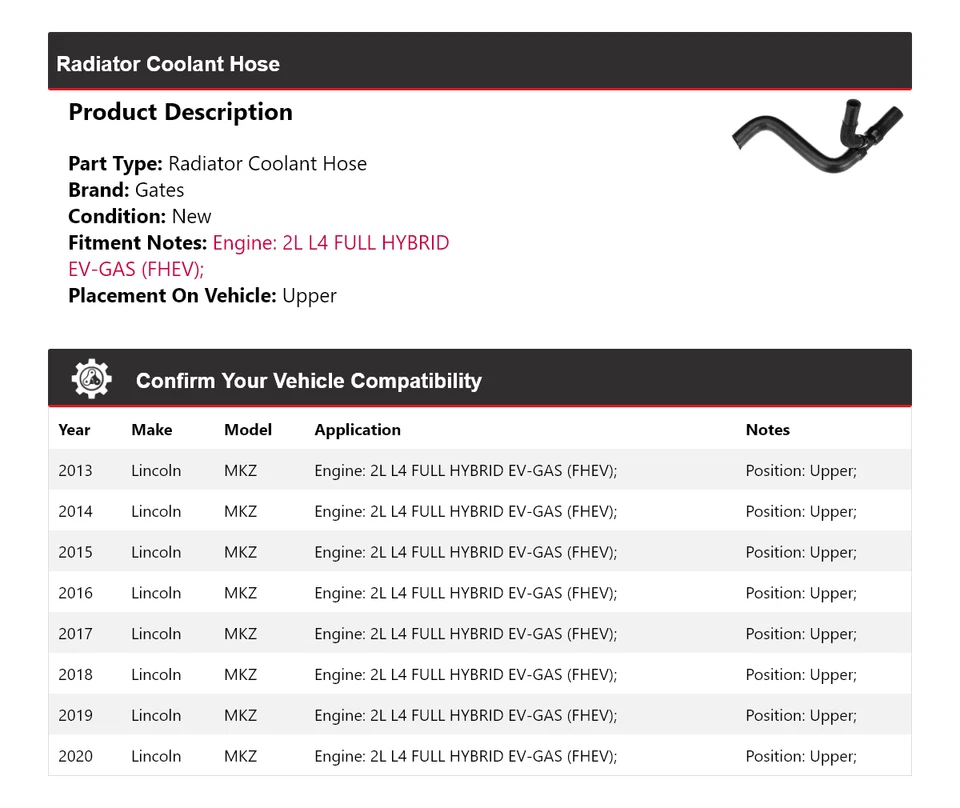 Manguera de refrigerante de radiador para Lincoln MKZ 2013-2020 puertas superiores 2014 2015 2016 2017 Foto 2 de 3