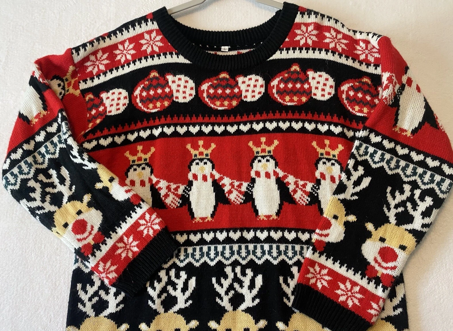 Men’s Ugly Christmas Sweater Reindeers Penguins Red Black White Festive Holiday