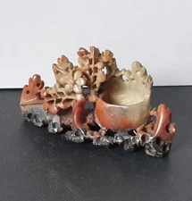  Vintage Multi-Colour Carved Hardstone Chinese Floral Ink Well Brush Pot 11cm