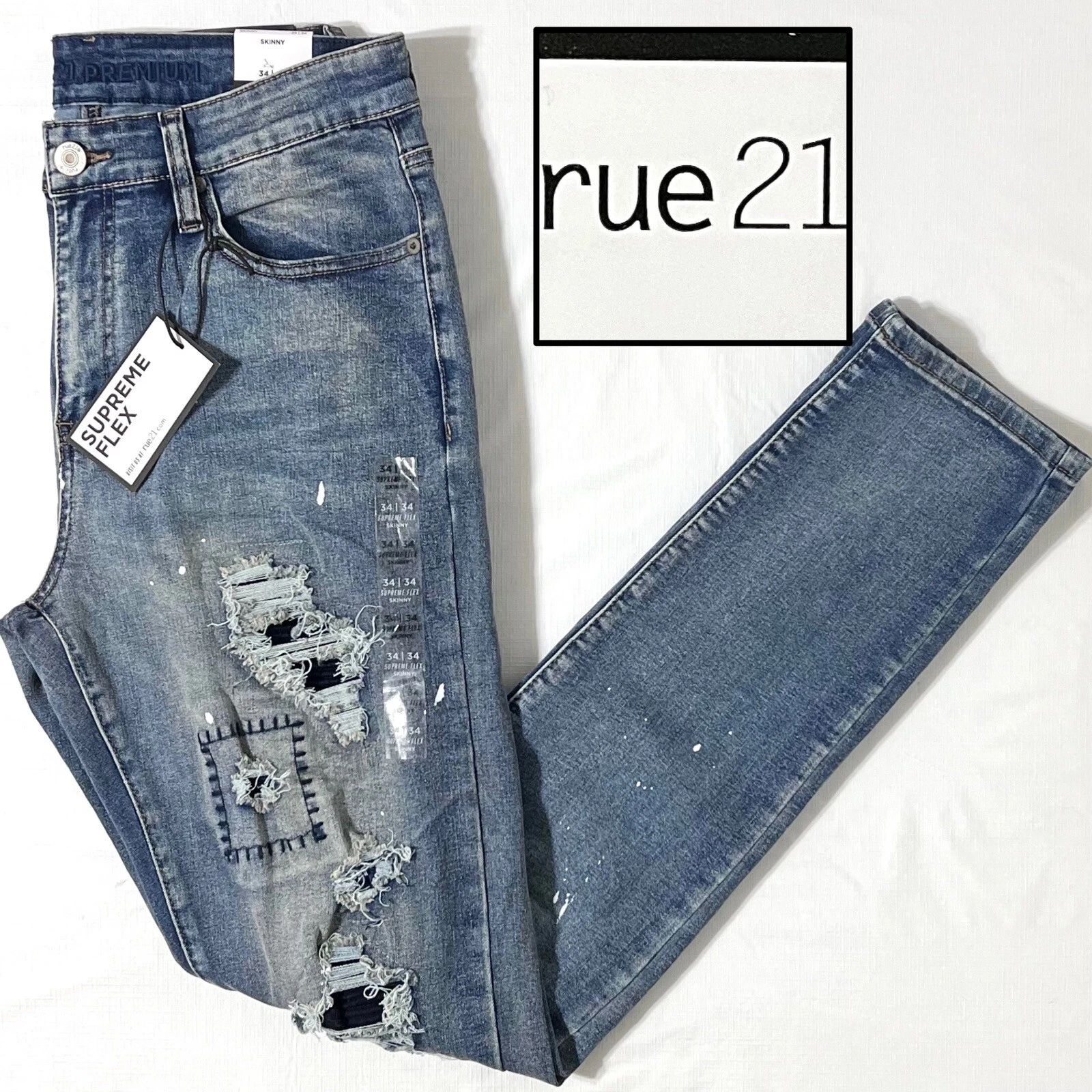 Pantalon jean homme 34 x 34 neuf avec étiquettes rue21 supreme Flex maigre détressé lavé foncé lavage