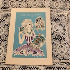 Vintage Greeting Card Get Well Pretty Girl Purple Dress Bird Cage