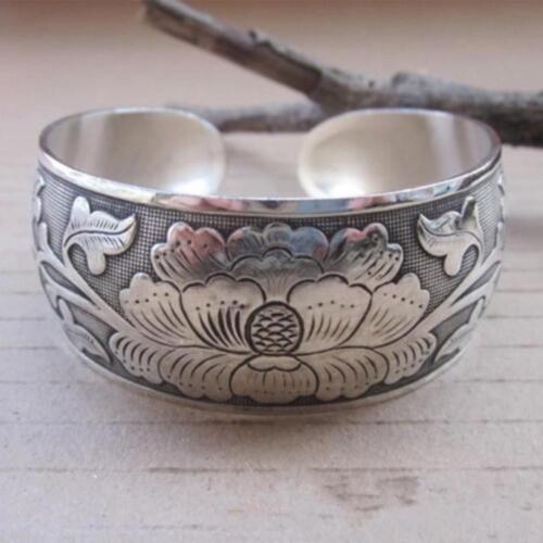 Tibetan Tibet Silver Peony Totem Carved Bangle Cuff Bracelet Jewelry Sale - Afbeelding 1 van 12