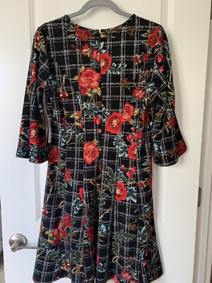ILE NEW YORK Black Floral Dress (Red, White, Blue and Green) S~8 Long Sleeves 