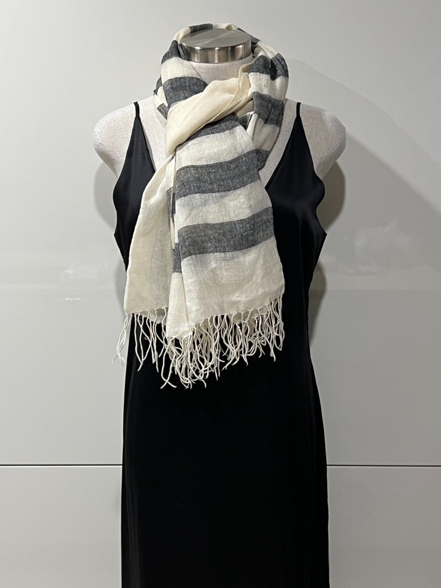 SABA 50% Wool/50% Linen Black/Ivory Striped Scarf/Wrap 62cm