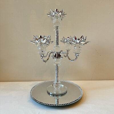 Crystal Lotus Flower Candle Holder Set with Rotating Mirror Tray   Elegant Décor