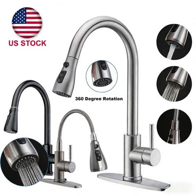 Kitchen Sink Faucet Brushed Nickel Single Handle Swivel Pull Down Sprayer Mixer