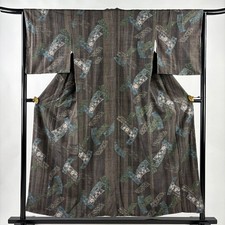 JAPANESE KIMONO FINE PATTERN ASH BROWN 155cm 5 ft 1 in PURE SILK FF8986