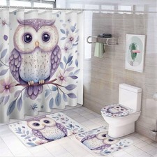 Modern Cute Owl Shower Curtain Sets with Lid Cover and Rugs, Cartoon Animal C...