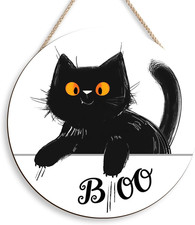 Black Cat Halloween Wall Decorations, BOO Spooky Wooden Cat Door Sign, 12 12Inch