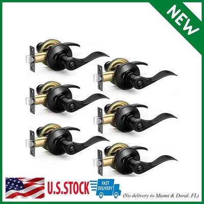 6 Pack Matte Black Door Handles Privacy Door Levers, Heavy Duty Wave Style Bed/B
