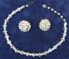 Vintage Single Strand Aurora Borealis Crystal-Beaded Necklace/ Clip-Earrings