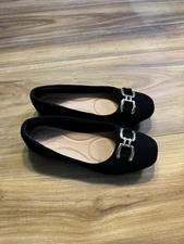 Top Moda brand women's black flat, comfort shoes with gold accent buckle