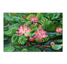 Koi Fish Wall Art Hand Painted Pond Lotus Leaves Flowers Oil Painting Home Decor