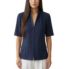 AKRIS Navy Blue Fine Pleat Short Sleeve Blazer Zip Front Jacket Size 16