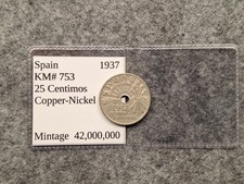 Nice Old Spain 25 Centimos Coin 1937 Vintage World Foreign !!