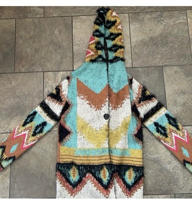 MAXSPORT Sweater Cardigan Womens Medium Multicolor Hooded Aztec Boho Knit Cozy