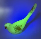 Vintage Fenton Bird Uranium Custard Satin Glass Painted Roses Long Tail Signed