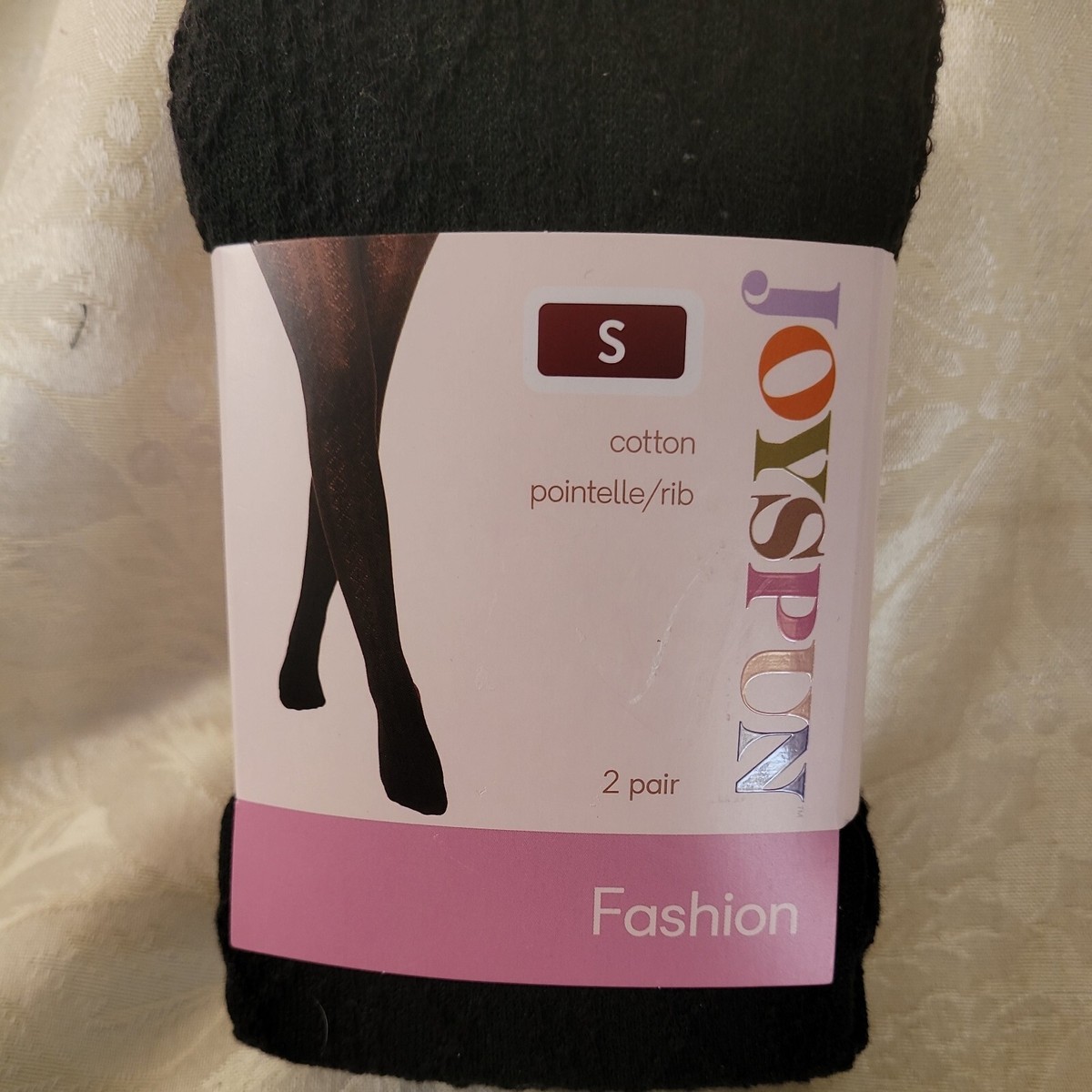 JOYSPUN WOMENS POINTELLE TIGHTS BLACK TAN COTTON RIB 2PR SIZE S