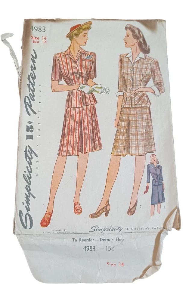 Vtg 1940s Simplicity Pattern 4983Misses Two Piece Dress w Dickey Size 14 Bust 32 - Image 2 of 4