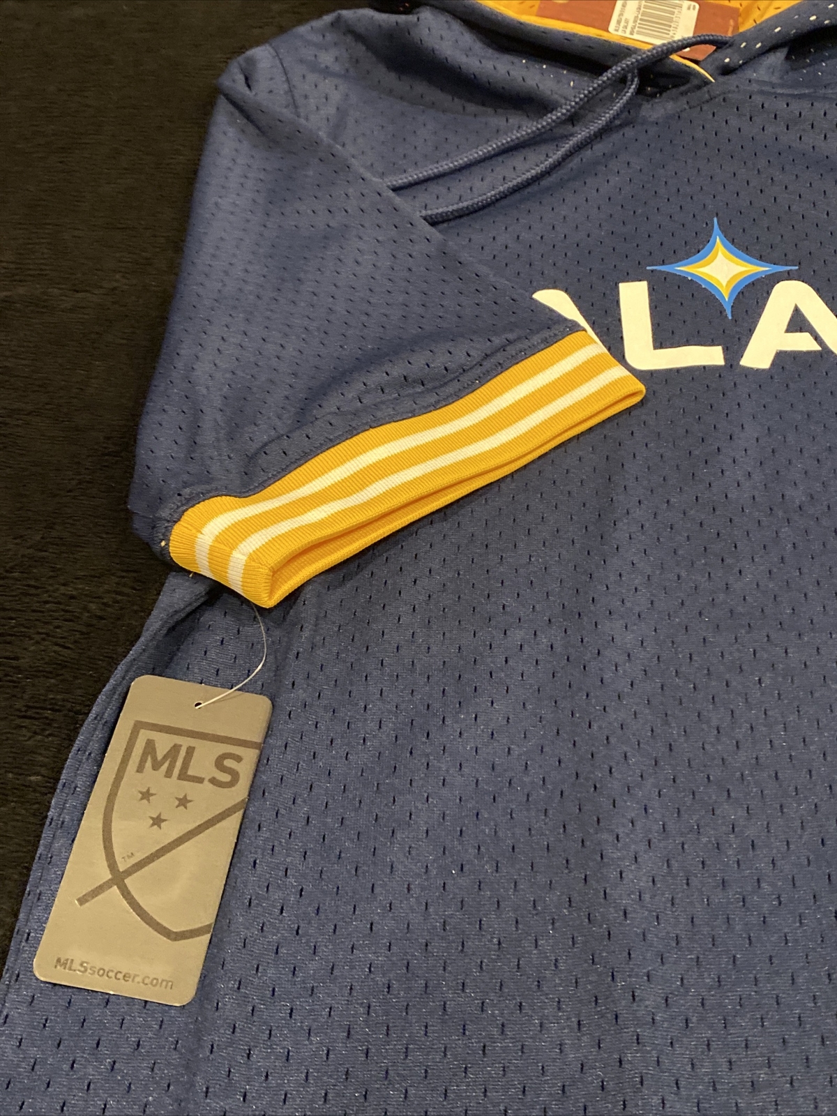 LA Galaxy Mens Mitchell and Ness mesh hoody short sleeve. Blue/Yellow Size S NWT