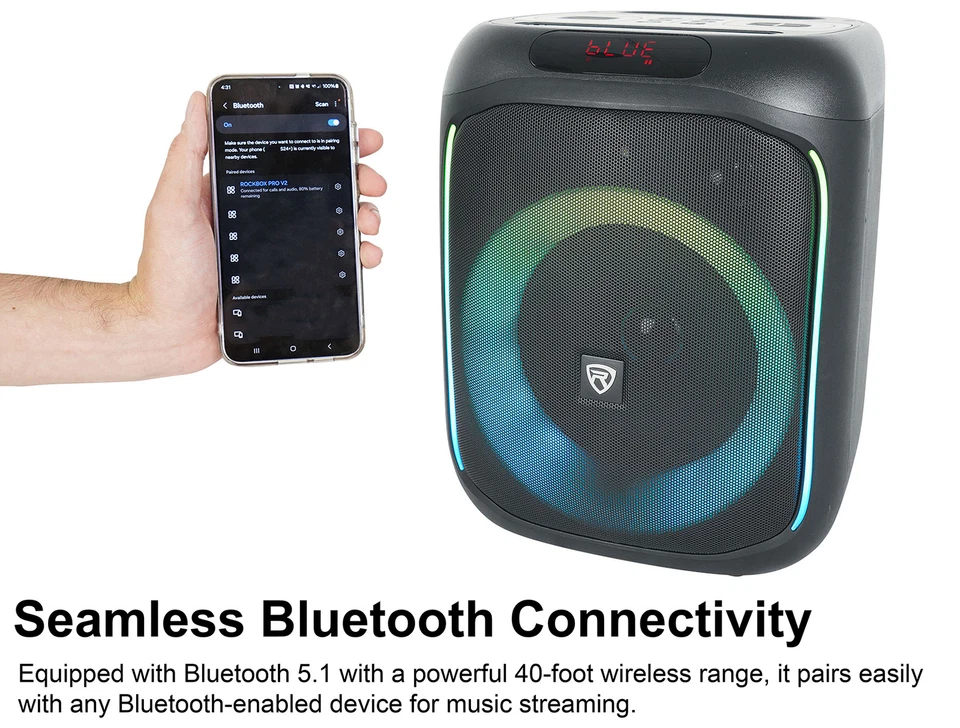Rockville ROCKBOX PRO V2 6.5" 150w Portable LED Party Bluetooth Speaker Mic In - Image 4 of 4