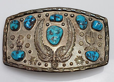Native American Signed FAS Sterling Silver Turquoise Western Large Belt Buckle