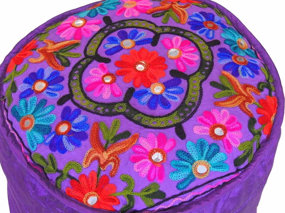 Purple Round Pouf Footstool Cover Floral Embroidered Ottoman Slipcover 16" - Image 2 of 3