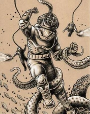 Dive Scuba Diver Drawing Mark V Five Vintage Bell Helmet Nautical Wall Art Print