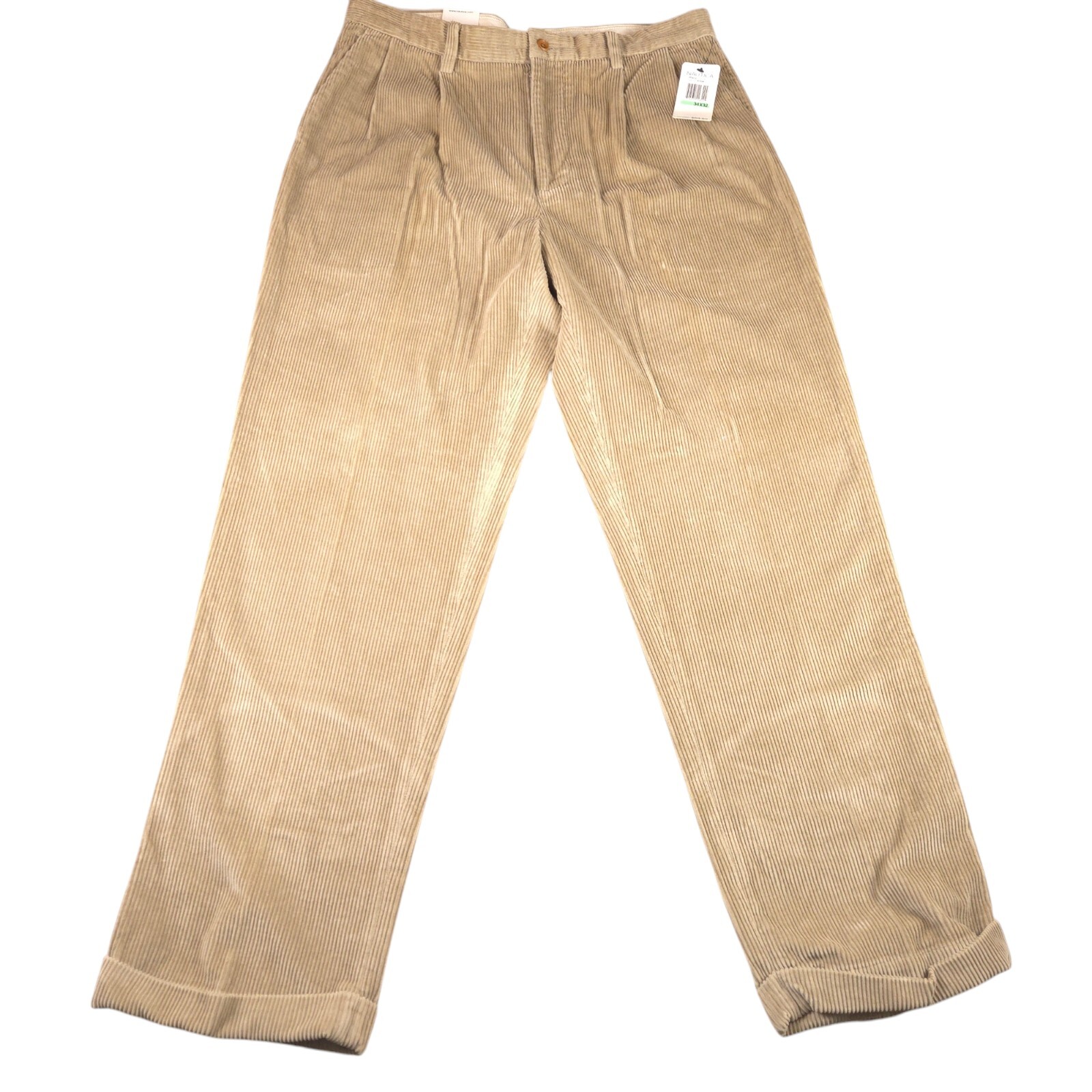 NWT Nautica Rigger Tan Corduroy Pants Classic Fit Pleated Cuffed 34x32 Skate