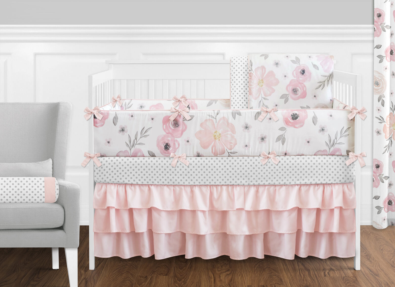 Jojo Shabby Chic Blush Pink Gray Floral Watercolor Girl Baby Bedding Crib Set For Sale Online