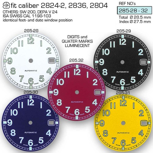 DIAL FOR MOVEMENT ETA 2824-2 or SW 200, Ø 28.5MM, different colors 285.28-32 - Picture 1 of 7