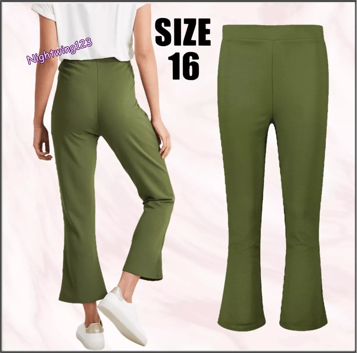 TU Size 16 Khaki Green Cropped Flare Leggings Trousers Elasticated Waist  Bootcut