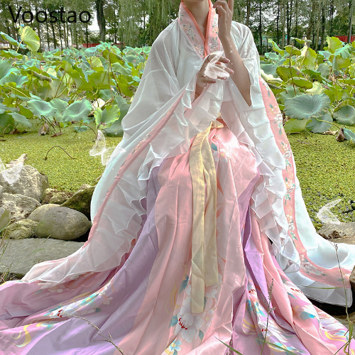 Chinese Style Traditional Hanfu Ancient Ruffles Floral Oriental Dance ...