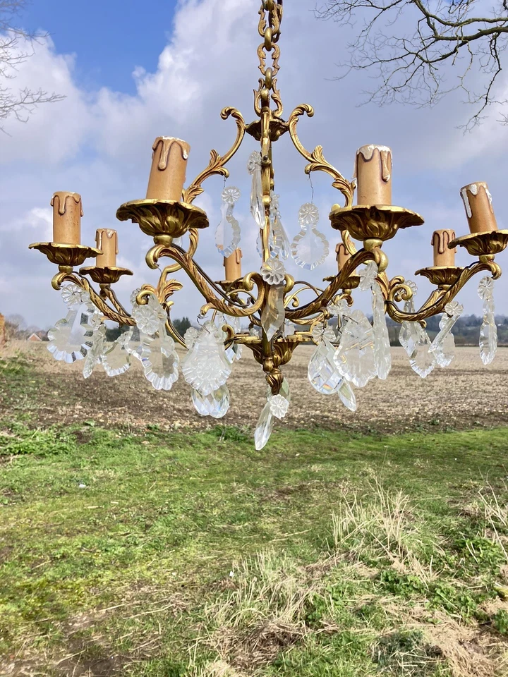 Antique French Decorative Brass And Crystal Chandelier - Image 3 of 4