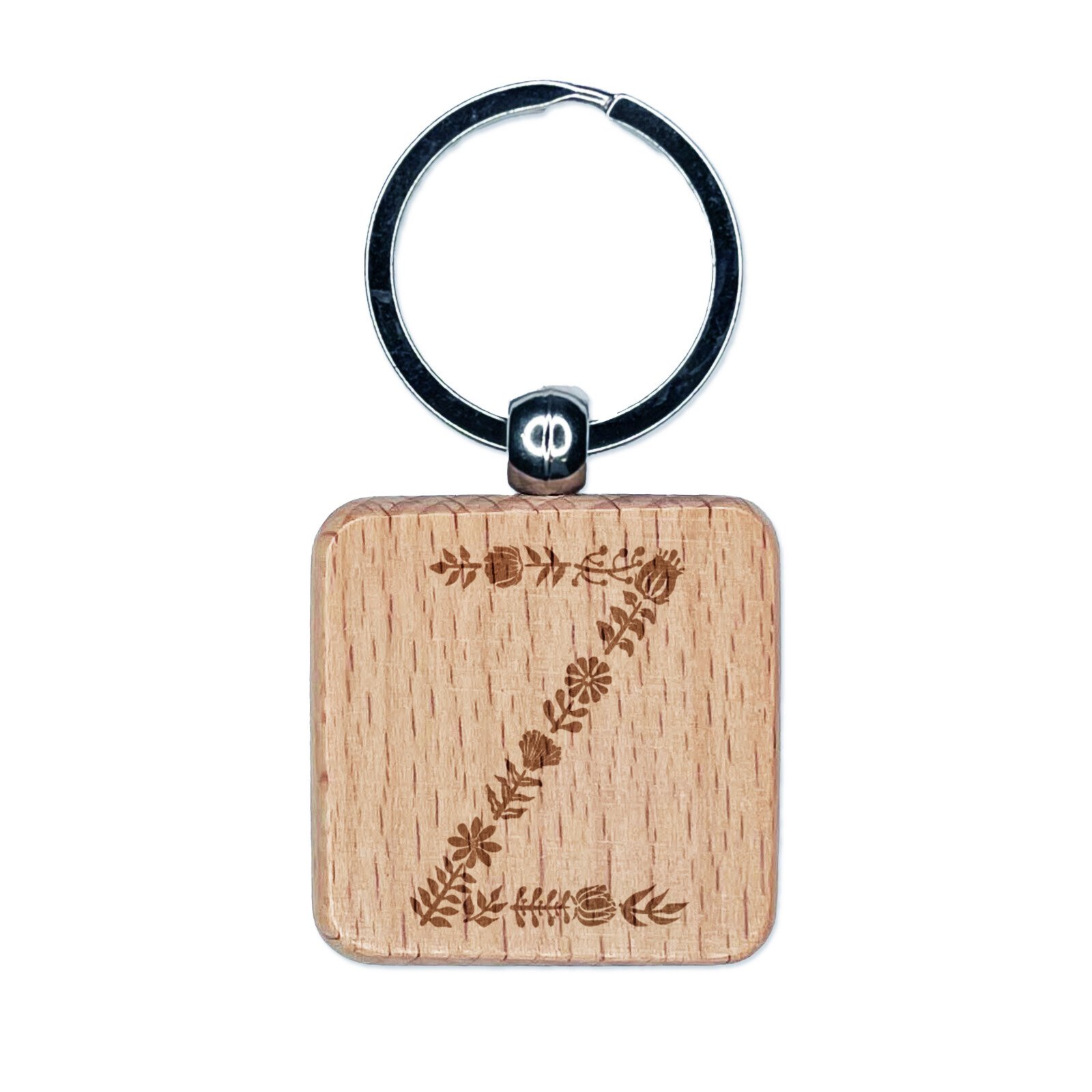Elegant Botanical Floral Letter Z Engraved Wood Square Keychain Tag Charm