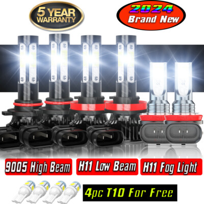 6x 9005 H11 Combo 4-Sided LED Hedlight High Low Beam And Fog Light Bulbs White