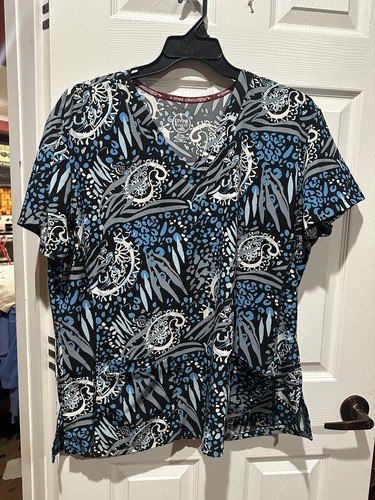 Divine Curves Scrub Top Stretch Medical Womens Gray Pink Blue Size 1X - Picture 6 of 9