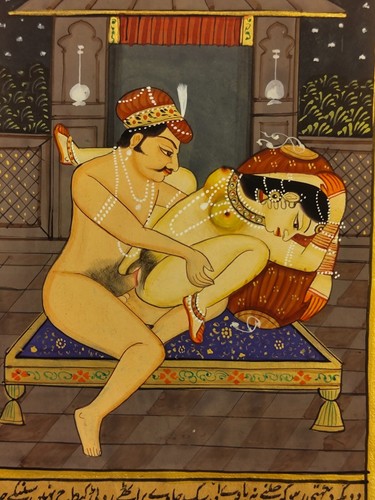 Indian Handmade King Queen Erotic Kamasutra Mughal Rajasthani Painting on Paper - Picture 3 of 4