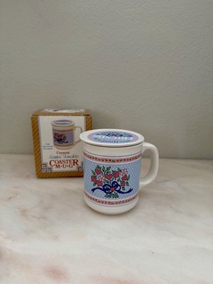 Vintage Ceramic Happy Thoughts Coaster Mug Set - Dancing Bears Coffee Mug w/ Lid