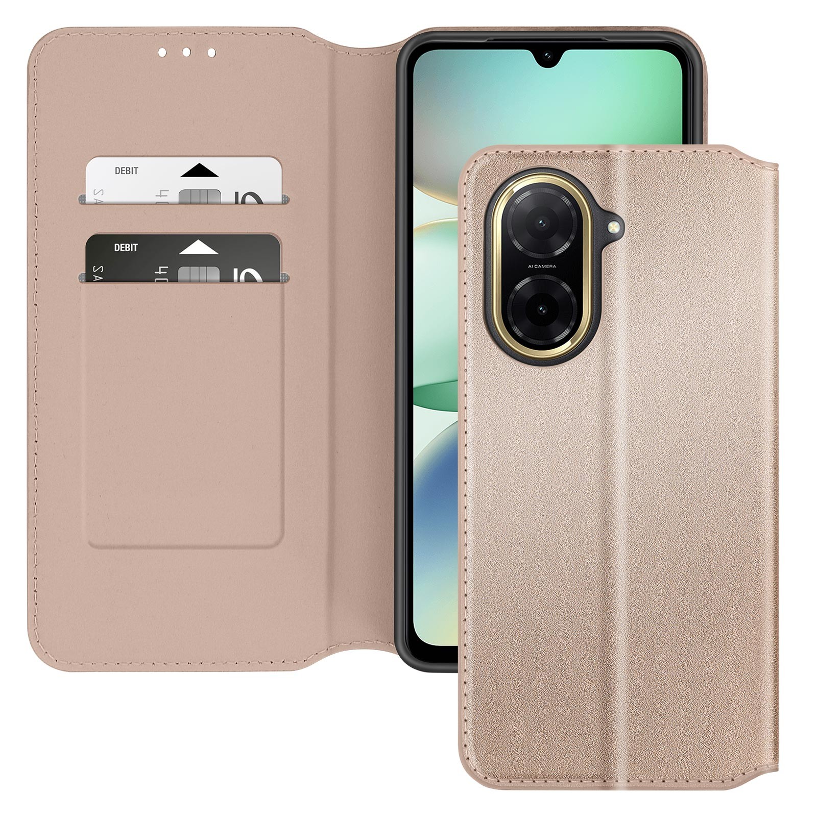 Housse Xiaomi Redmi A5 à clapet magnétique avec porte-carte et fonction support vidéo doré