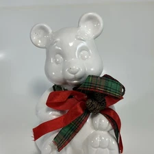 FLAMBRO Christmas Porcelain Bear Figurine Red Plaid. Vintage. 5.5” Tall x 3.5 W.