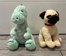 Lot of 2 FAO Schwarz Pug Puppy Dog 12"  T-Rex Dinosaur Glitter Bowtie 14"