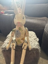 Wooden String Jointed Rabbit Shel Sitter - Floral Butterfly Design Wooden Toy