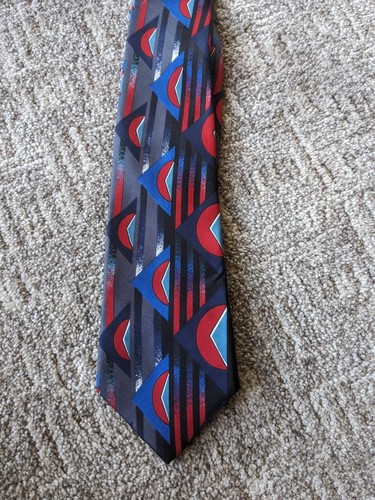 Vintage Bugatti 100% Italian Silk Mens Neck Tie Red & Blue Geometric Necktie - Picture 1 of 8