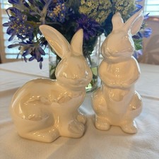 Pair Shiney White Ceramic Easter Bunnies Figurines Easter Decor Shabby Chic