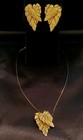 Monet Vintage Necklace & Earrings, Goldtone Base, Clip-ons, Double Leaf Design