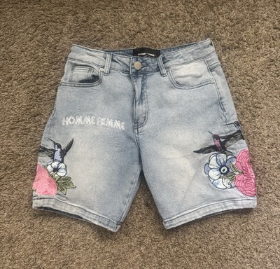 Homme + Femme Jean Shorts Embroidered Flower And Humming bird (Size 30)