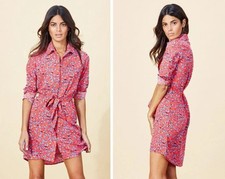 Dancing Leopard Silk Fred Shirt Dress Red Ditsy Print Floral Size M 10 12 Summer
