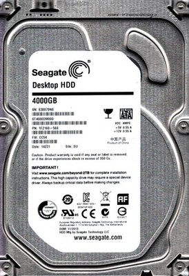 ST4000DM000 P/N:1F2168-568 F/W:CC54 S/N: S300 S/C: SU 4TB NOV 2013 CHINA SEAGATE